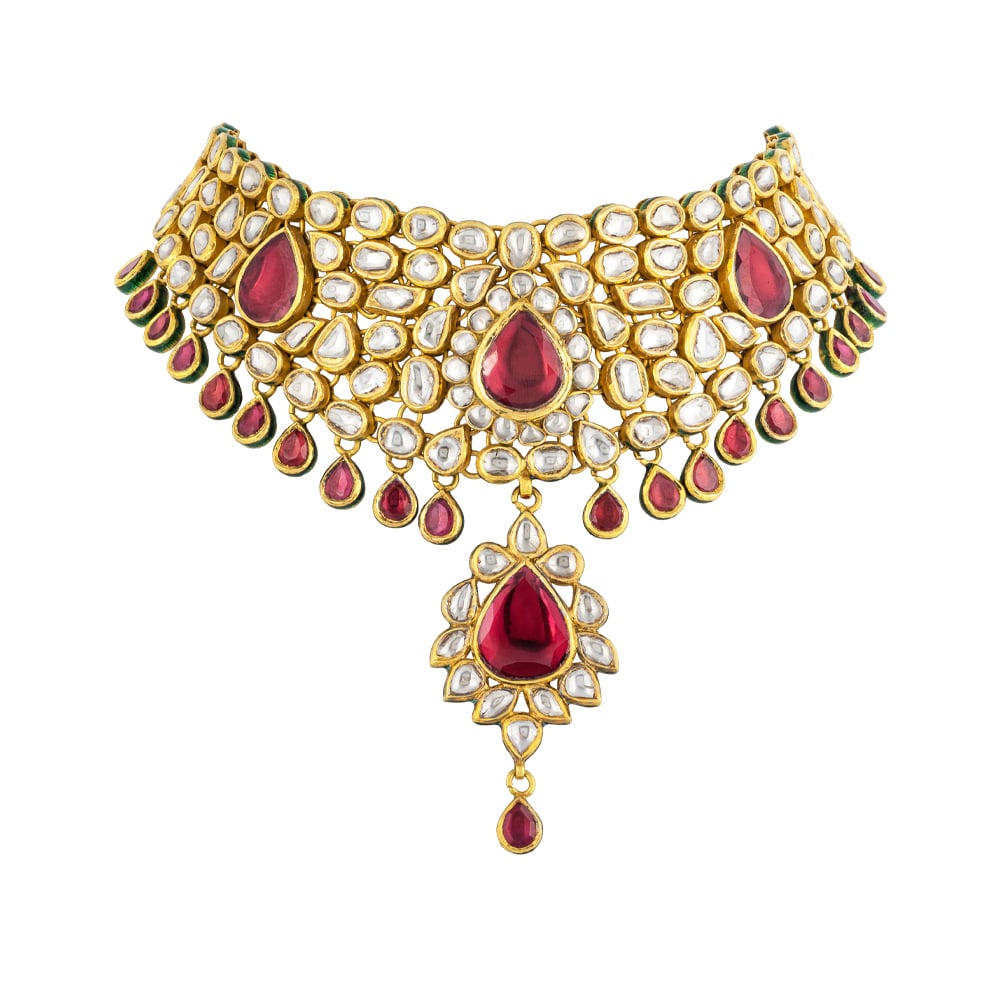 Pink Colourstone Polki Choker with Teardrop Accents